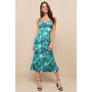 Lulus Dress Womens Large Blue Floral Midi Satin Bustier Party Tropical Beach NEW